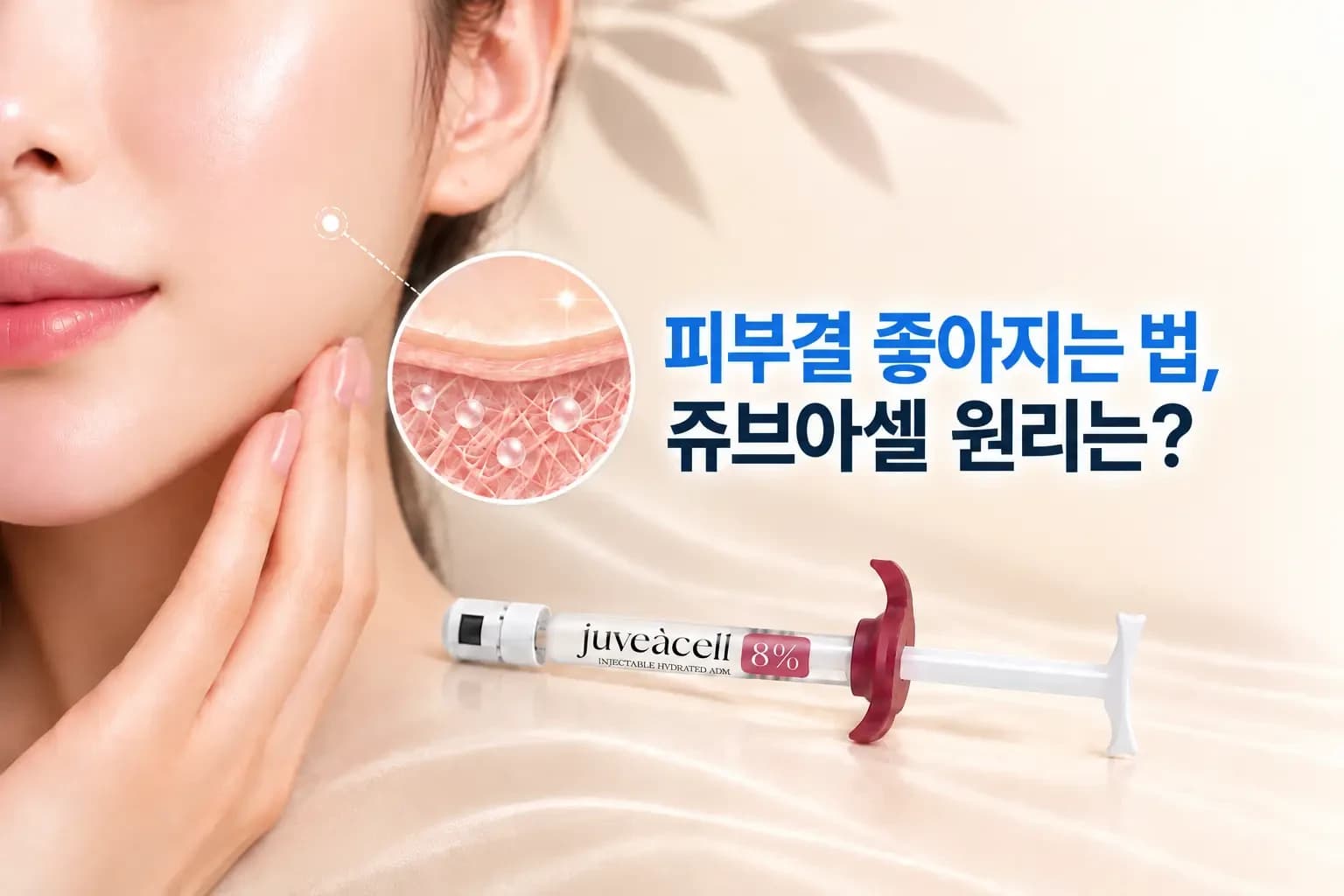 쥬브아셀 바이알과 주사기, 진피 속 ECM 구조가 정돈되는 확대 컷을 조합한 피부결 효과 썸네일